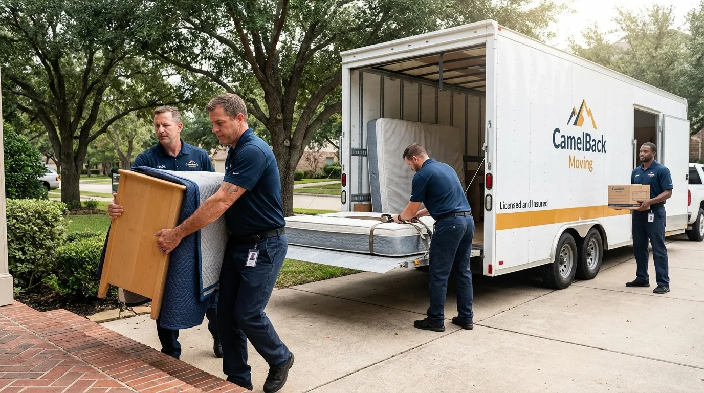 Crew loading residential truck for cross-state move from Elwood, IL