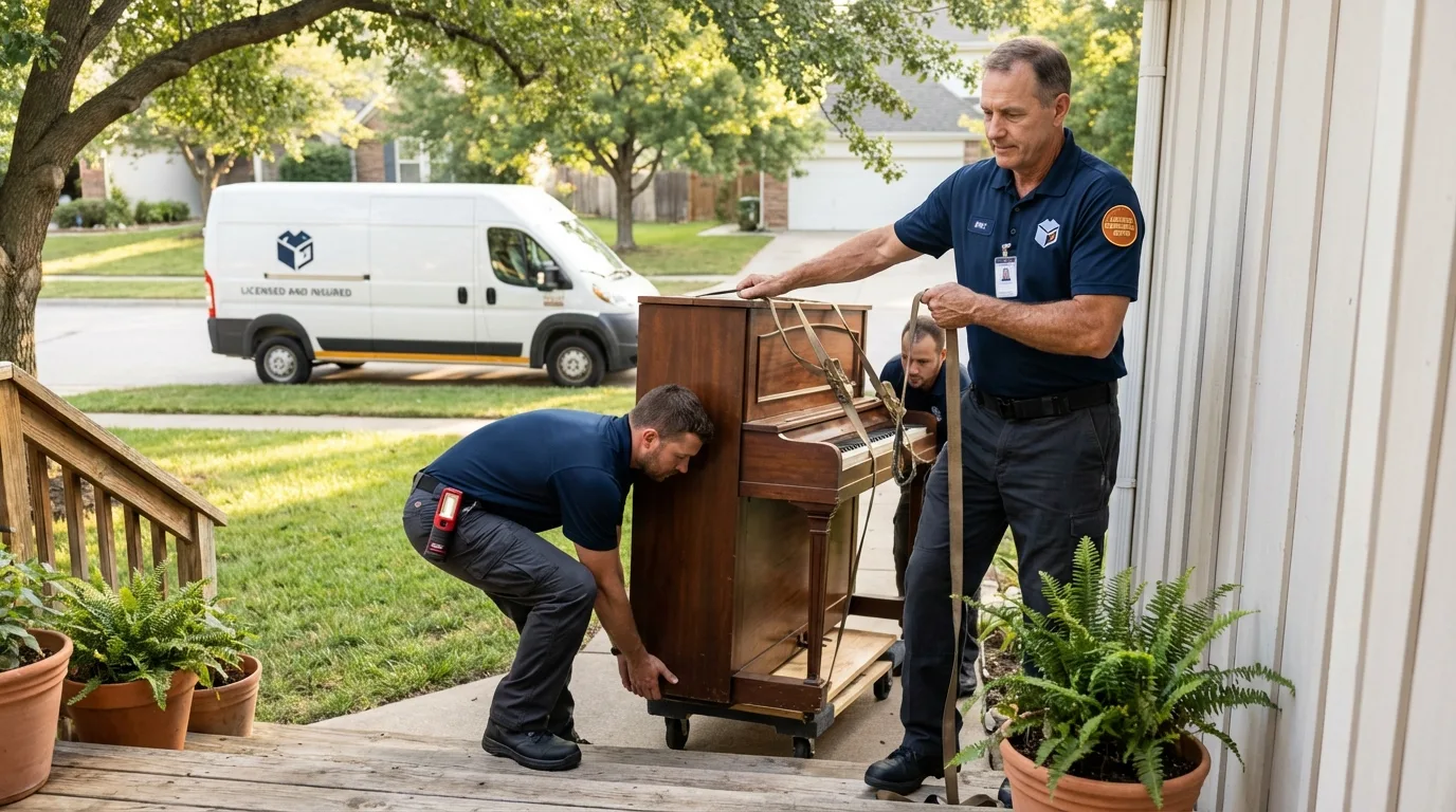Licensed piano movers securing grand piano in Elwood, IL