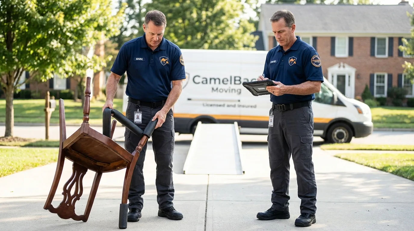 Movers inspecting furniture for damage prevention before loading in Elwood, IL