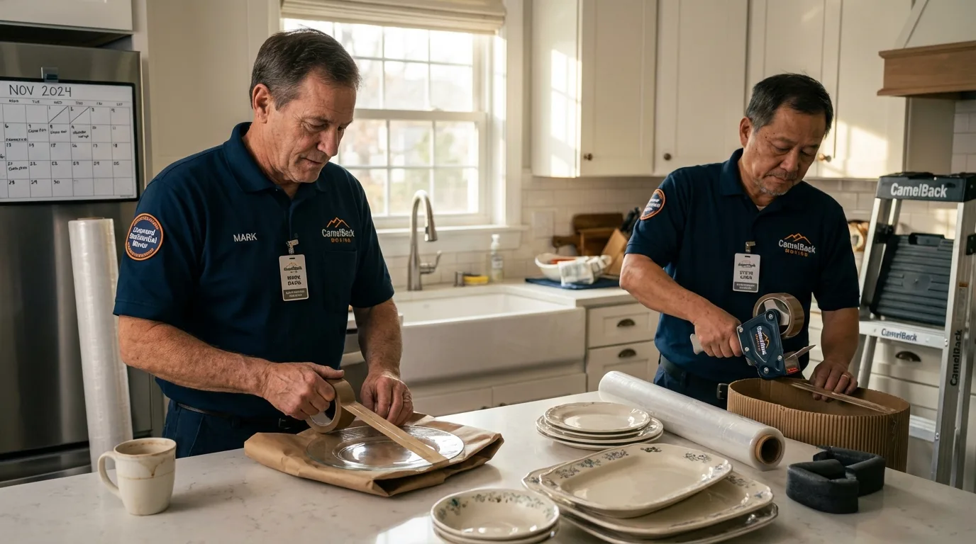 Professional crew packing kitchen dishware in Elwood, IL